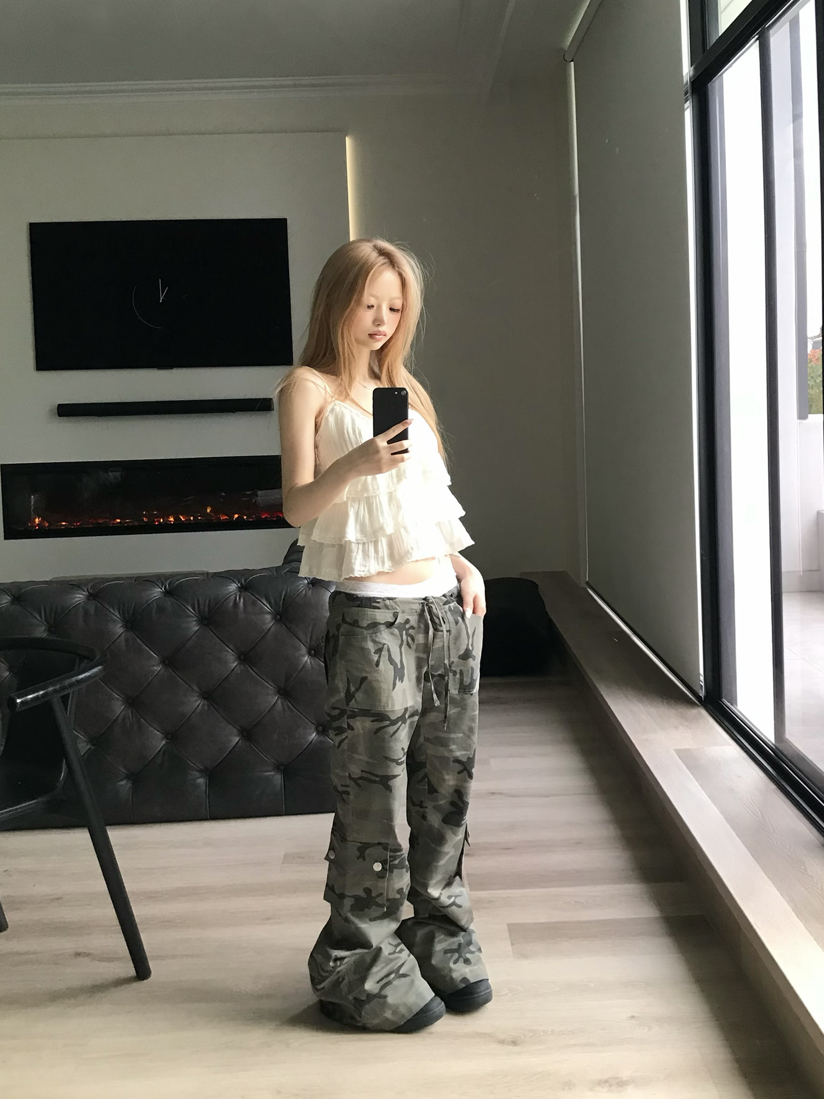 Camo Low-Rise Flare Cargo Pants