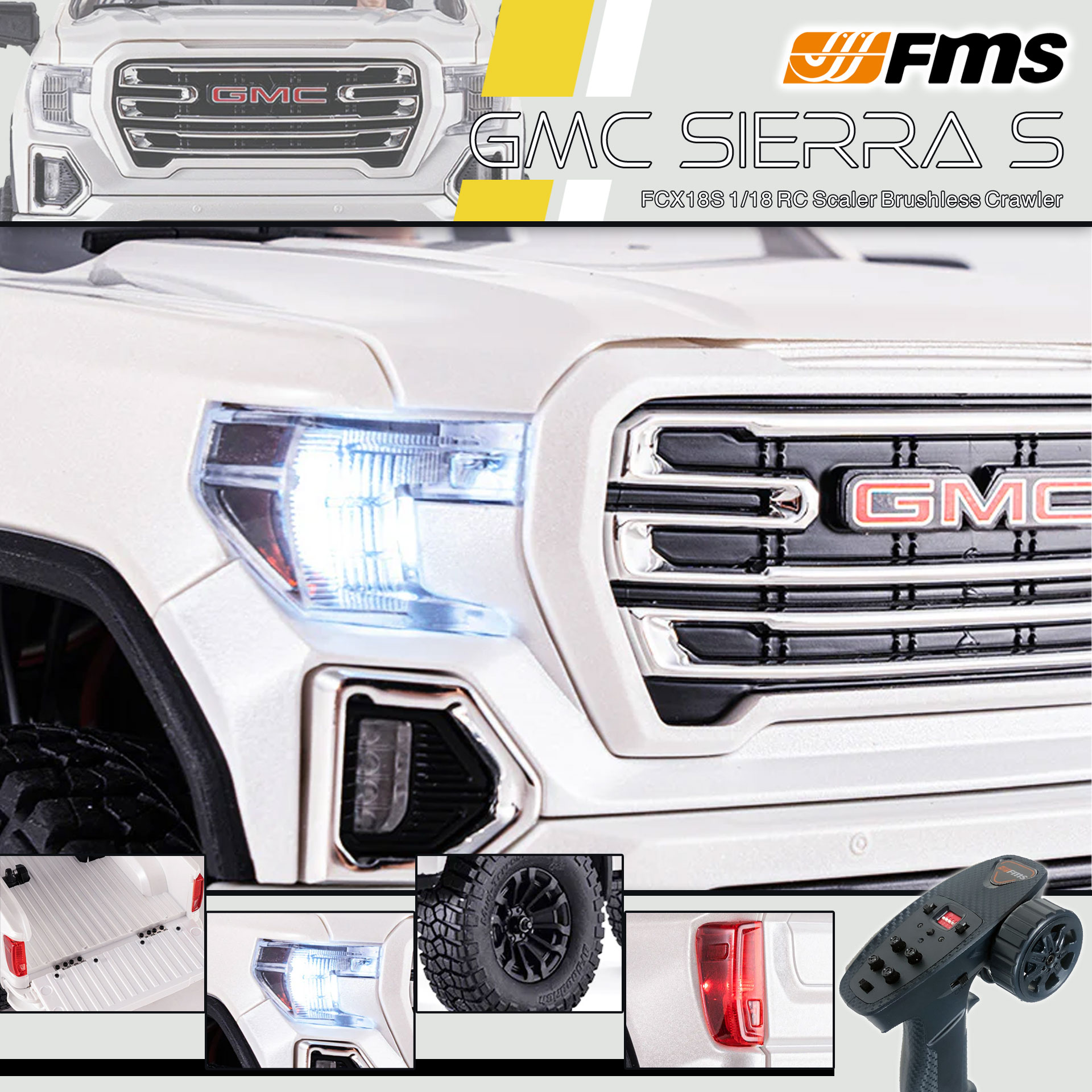 全新 FMS FCX18S 1:18 GMC Sierra S RTR Brushless | General Motors LLC授權 | 無刷版本 | 聯動指揮燈 | 2段機械變速 | 迷你慢爬車 | 遙控車 | 像真迷你遙控車