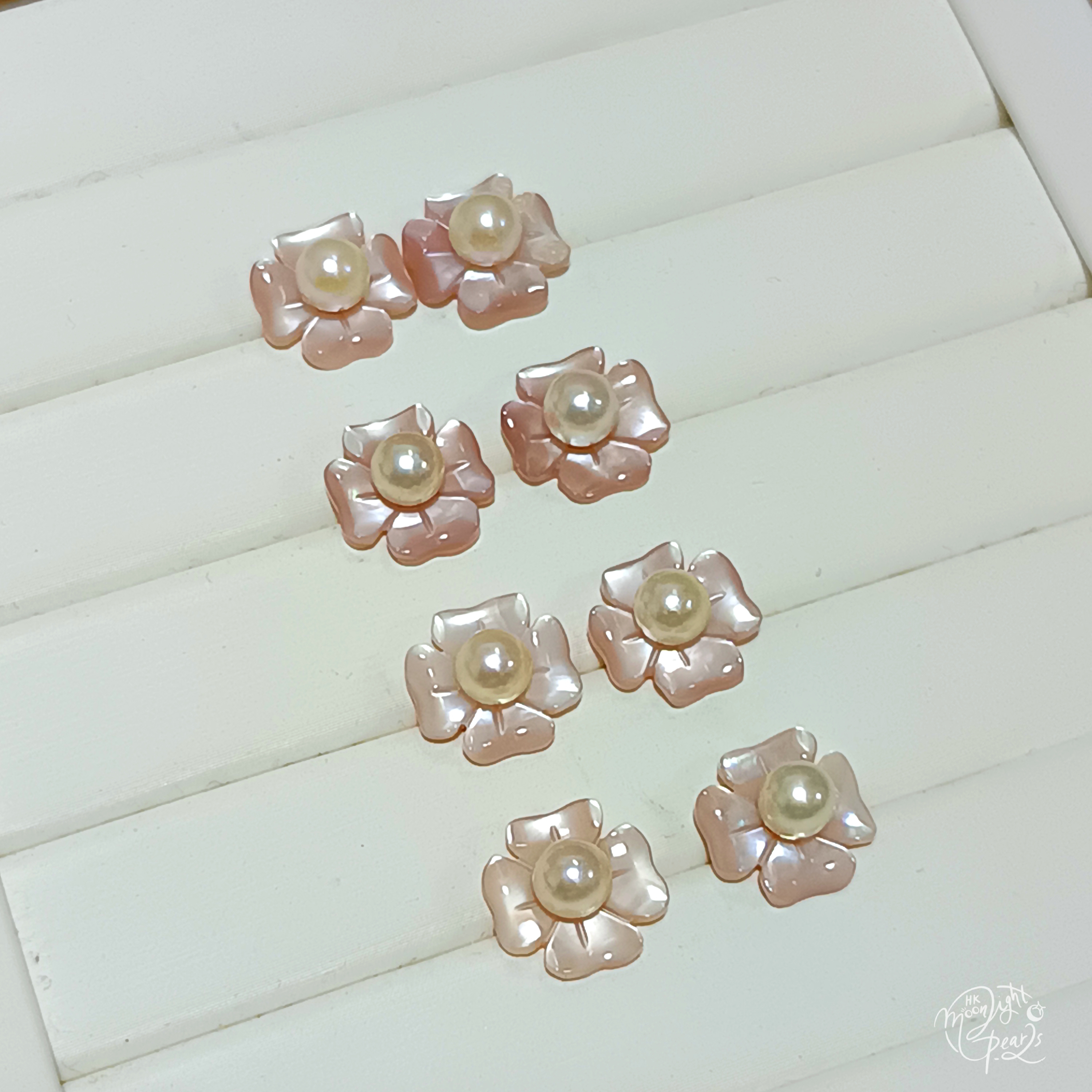 18k金耳針正圓極強光日本akoya羽皇金海水珍珠+粉貝殼幸運四葉草耳釘