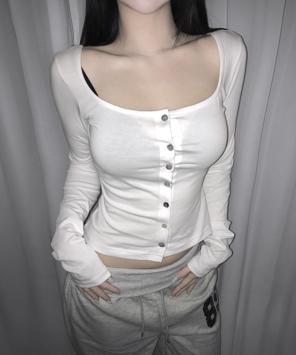 Square Neck Button-Up Long Sleeve Top