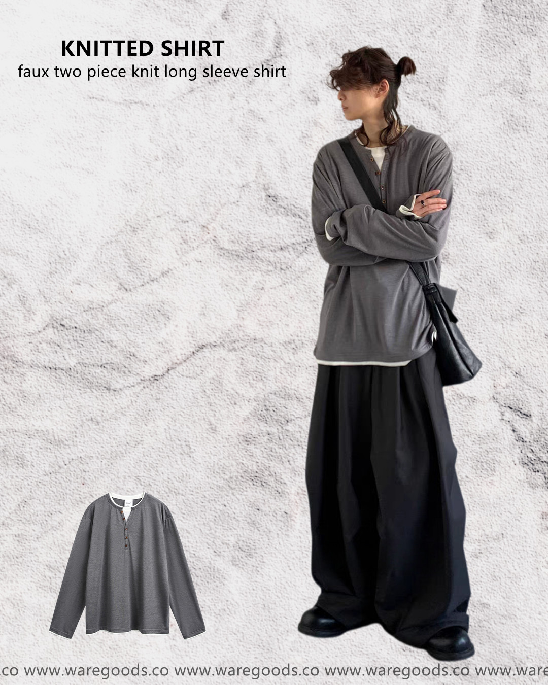 W35假兩件開胸長袖T恤