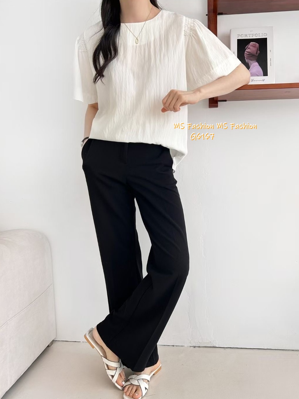 G6167 韓國🇰🇷淨色肩皺摺top