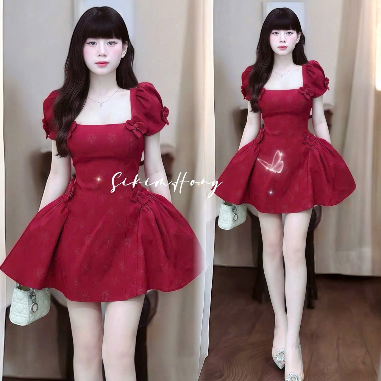 方領花朵貼花迷你連身裙  * 泡泡袖修身