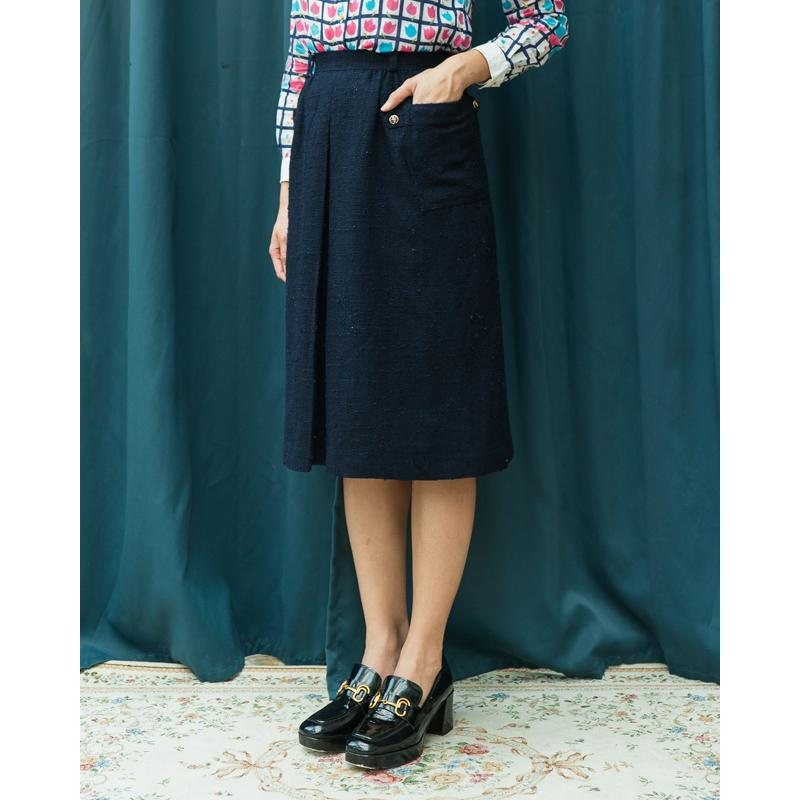 Vintage Japanese Femina Rosa Navy Blue Front Pleat A-Line Skirt - Waist 24"(MT1541-14)