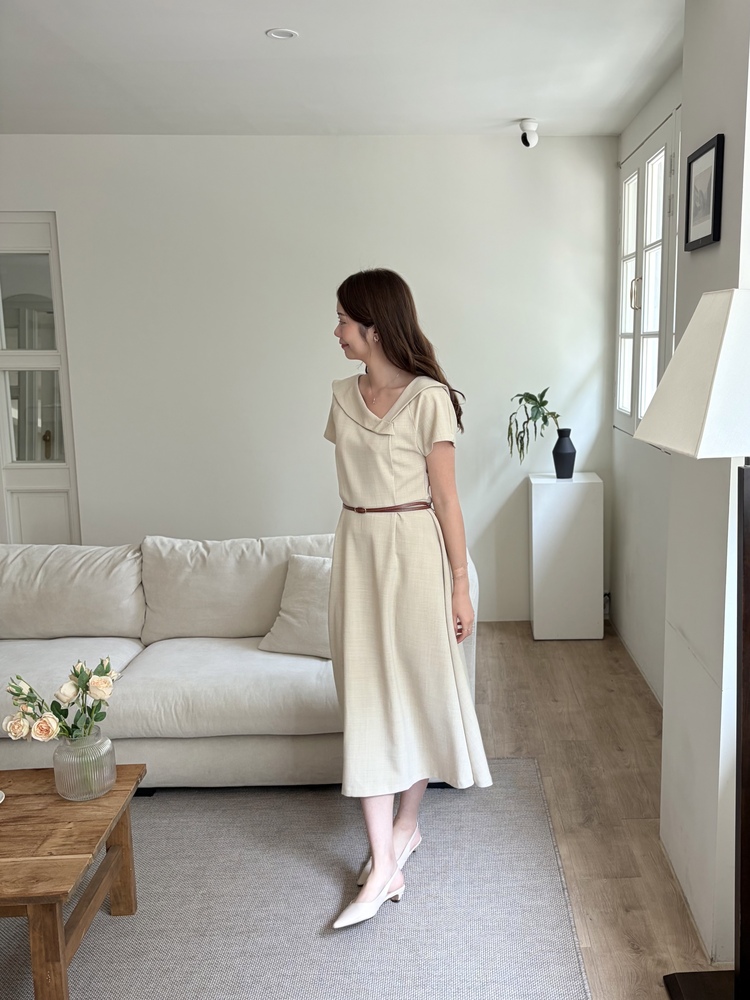 Sailor Collar Belted Dress (Beige)