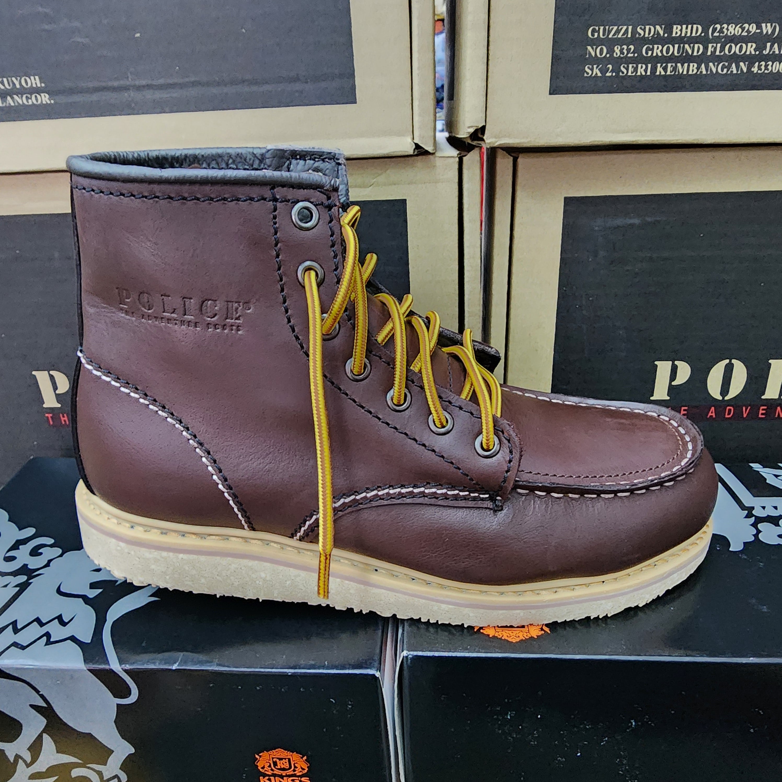 Original Brand Police 91594 Leather Laces Up Safety Boots Brown Light Maroon Dark brown Anti Slip sole Shoe Steel Toe Rubber Outsole 