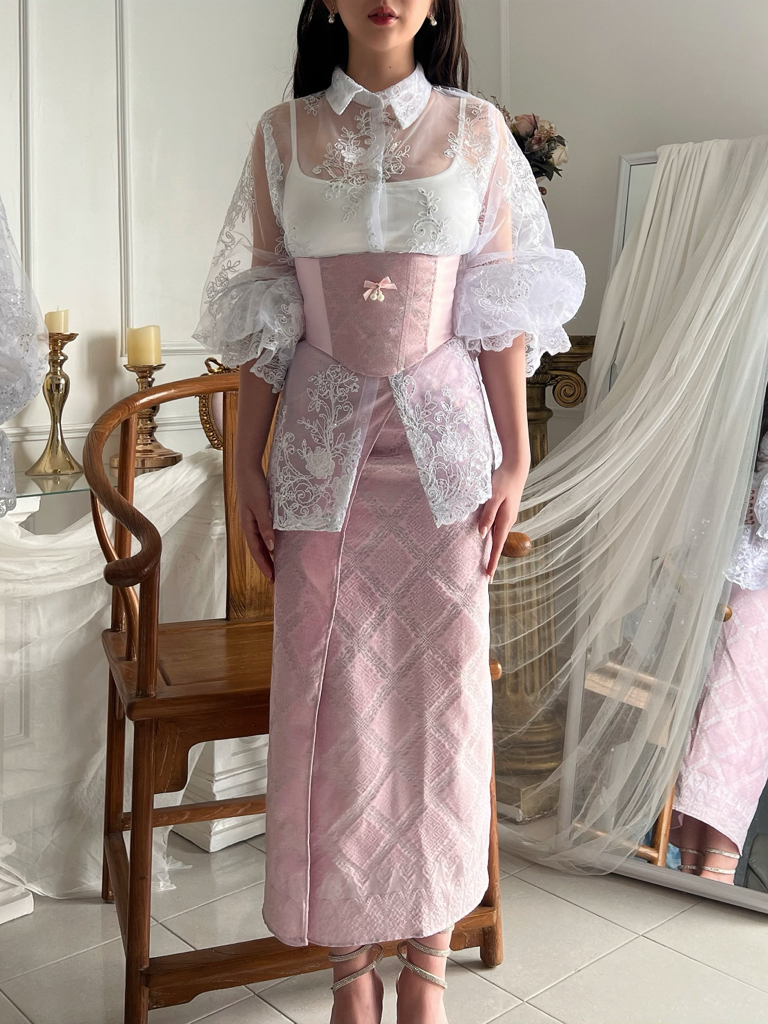 Songket Underbust Corset and Pareo Skirt in Baby Pink with Angel Blouse in True White