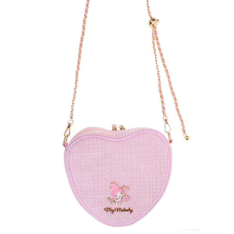 My Melody 淺粉色絨布心形金球斜孭袋