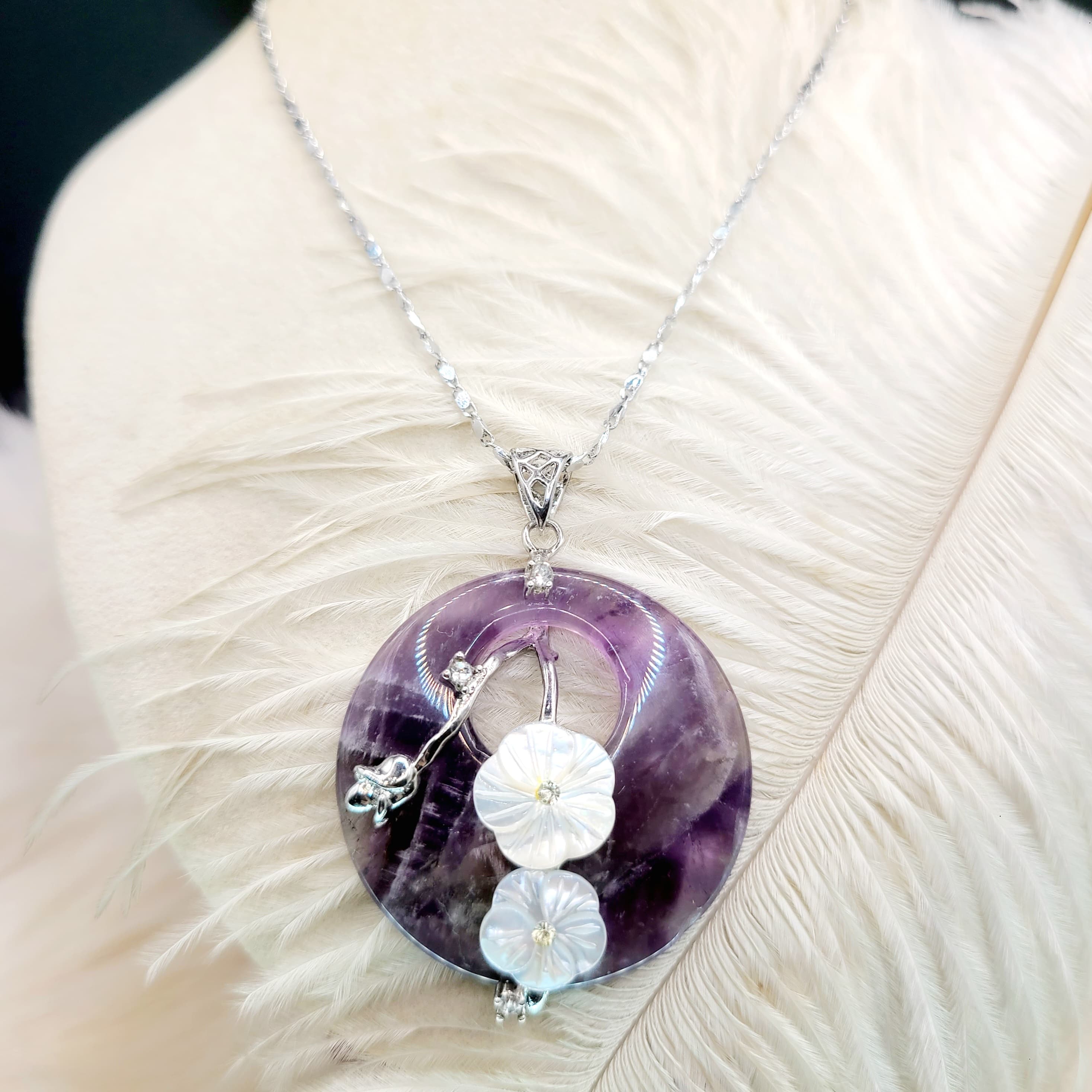 80年代紫水晶貝母雕花銀鍊套裝