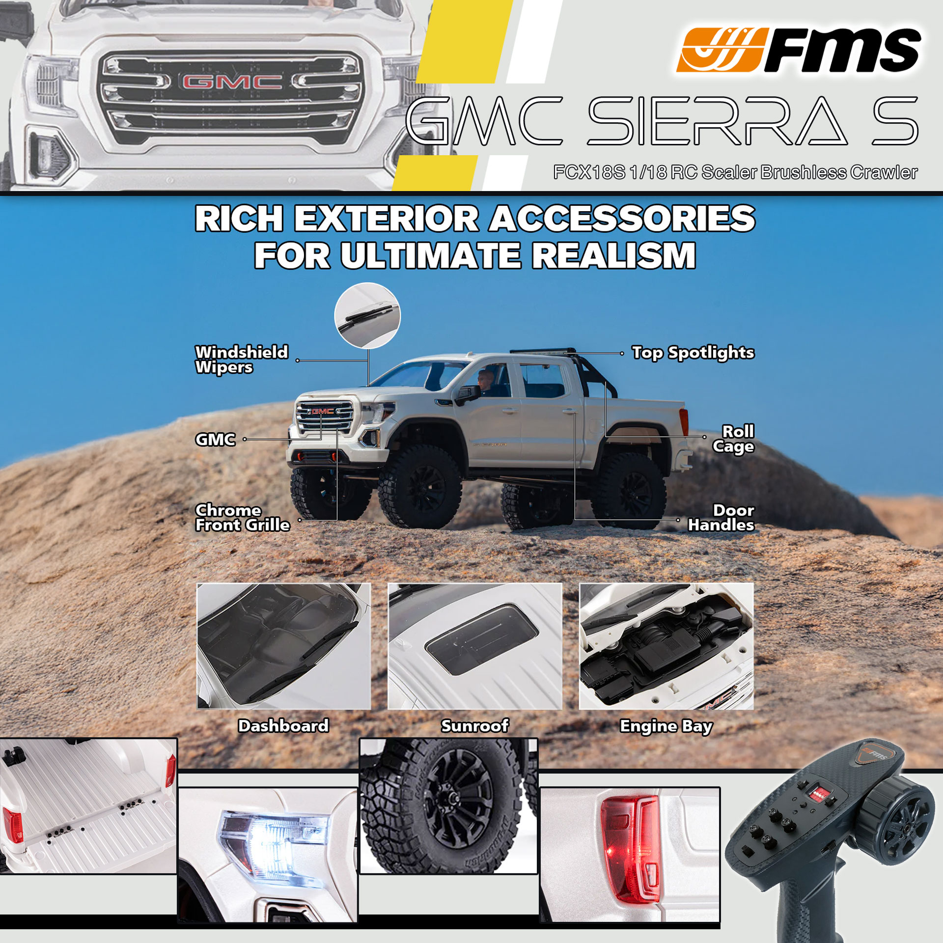 全新 FMS FCX18S 1:18 GMC Sierra S RTR Brushless | General Motors LLC授權 | 無刷版本 | 聯動指揮燈 | 2段機械變速 | 迷你慢爬車 | 遙控車 | 像真迷你遙控車