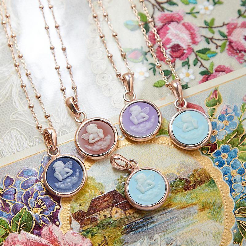 Italian Handcrafted Rose Gold Plated over 925 Silver Turquoise Paste CHERUB Cameo Pendant Necklace(NHMA06S)