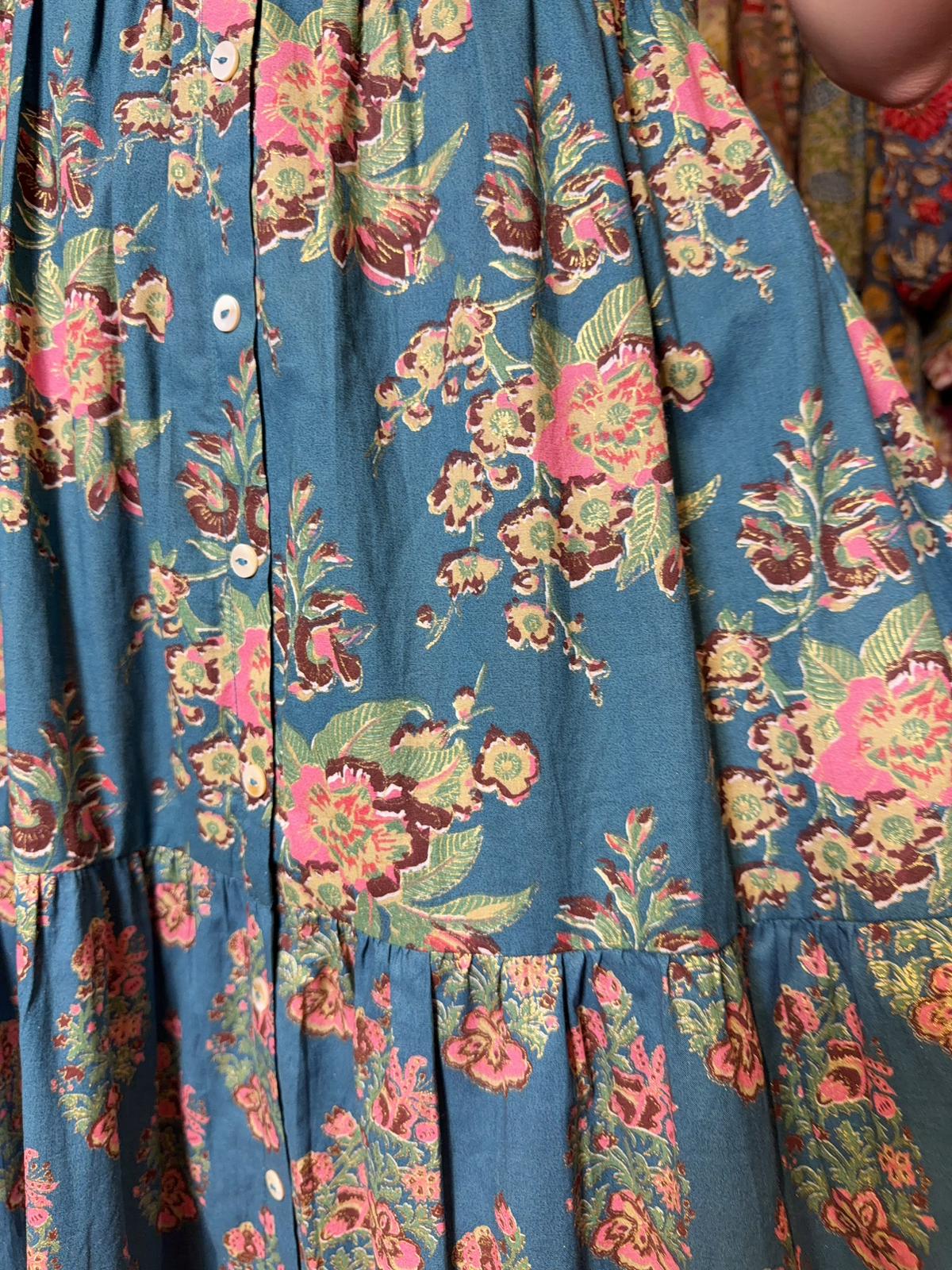 #1528 Blue Golden Floral Milktea Edge Sleeveless OP