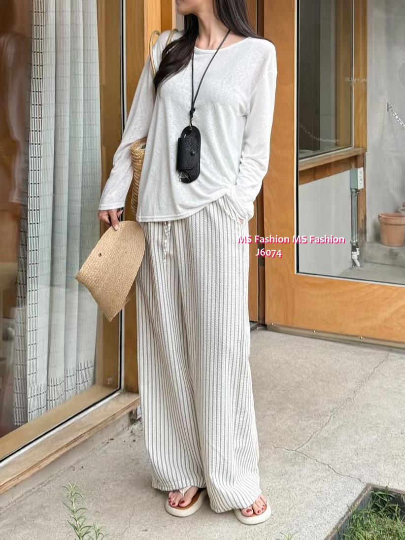 J6074 韓國🇰🇷直條紋闊筒褲
