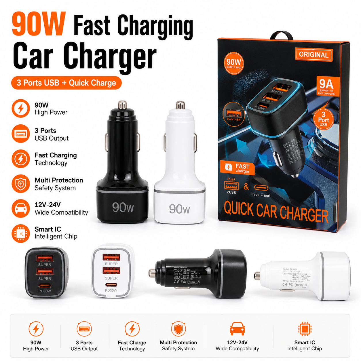 90W Fast Charging Car Charger | Dual USB + USB-C PD30W | 3-Port Car Charger | Fast Charge for iPhone, Samsung & More