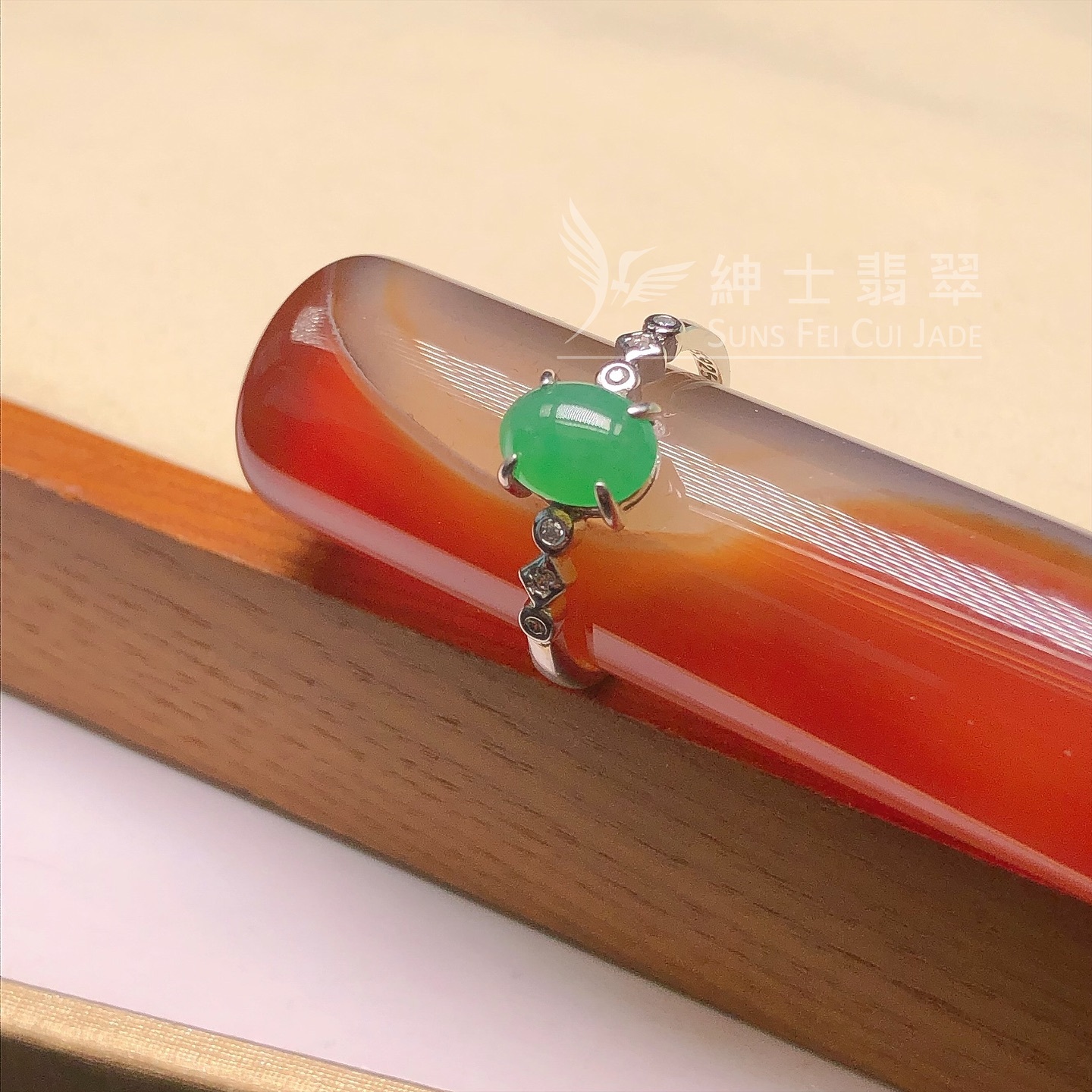 滿綠蛋面銀鑲開口戒 (鋯石)