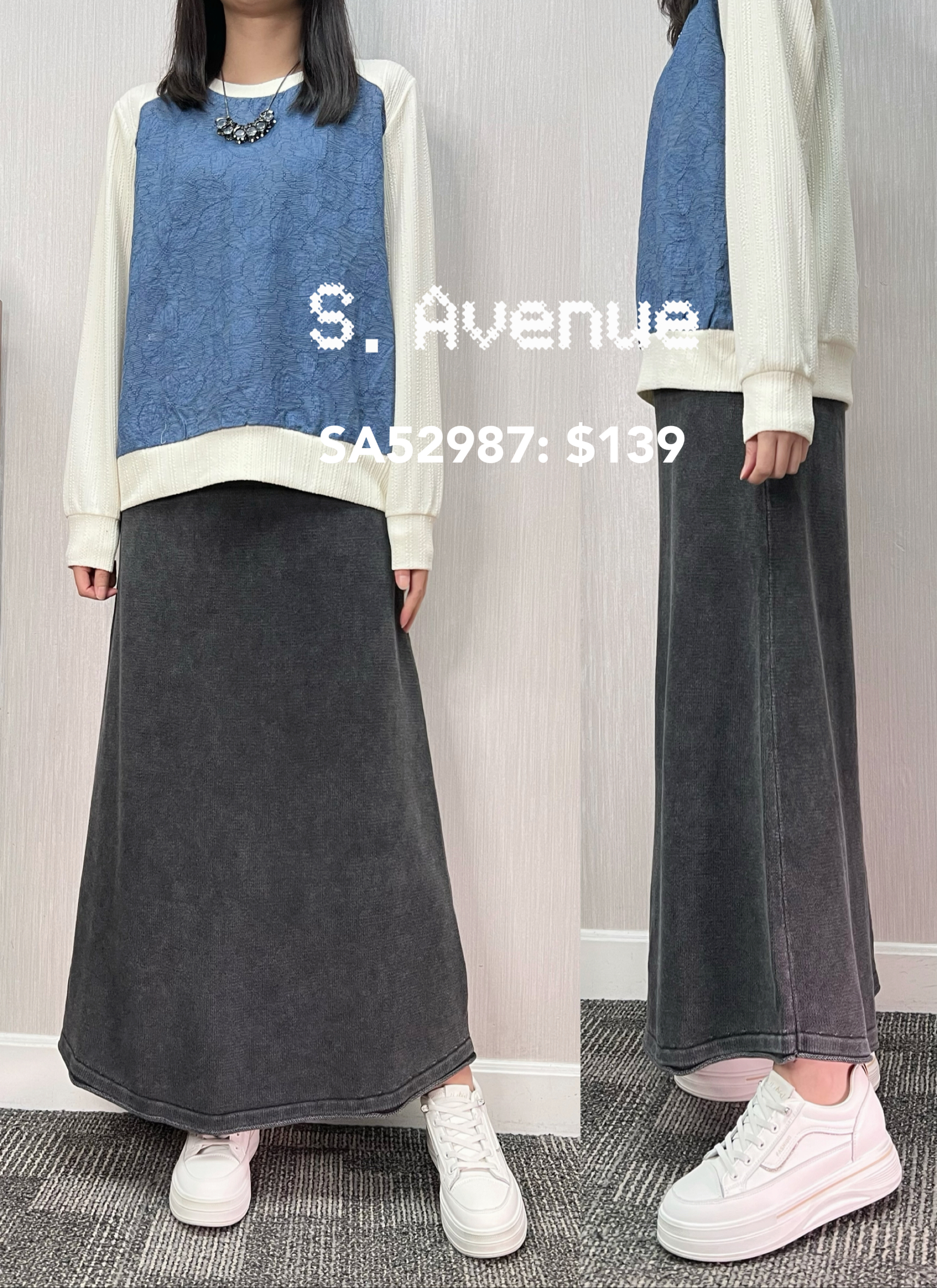 SA52987: 橡筋腰洗水小A字棉線長裙