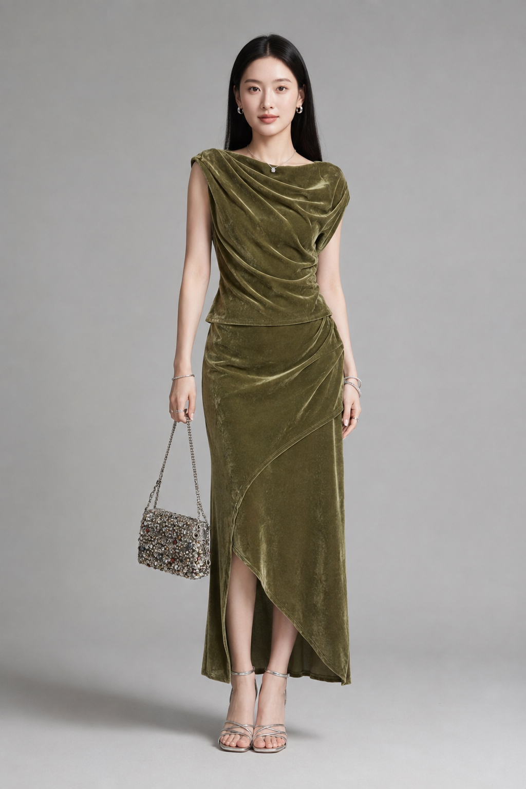 303714+601162 Aqua Elegance Draped Top & Asymmetric Maxi Skirt Set