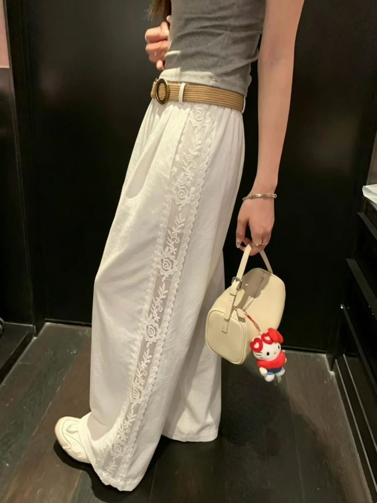 棉麻拼lace 直腳褲（連belt)