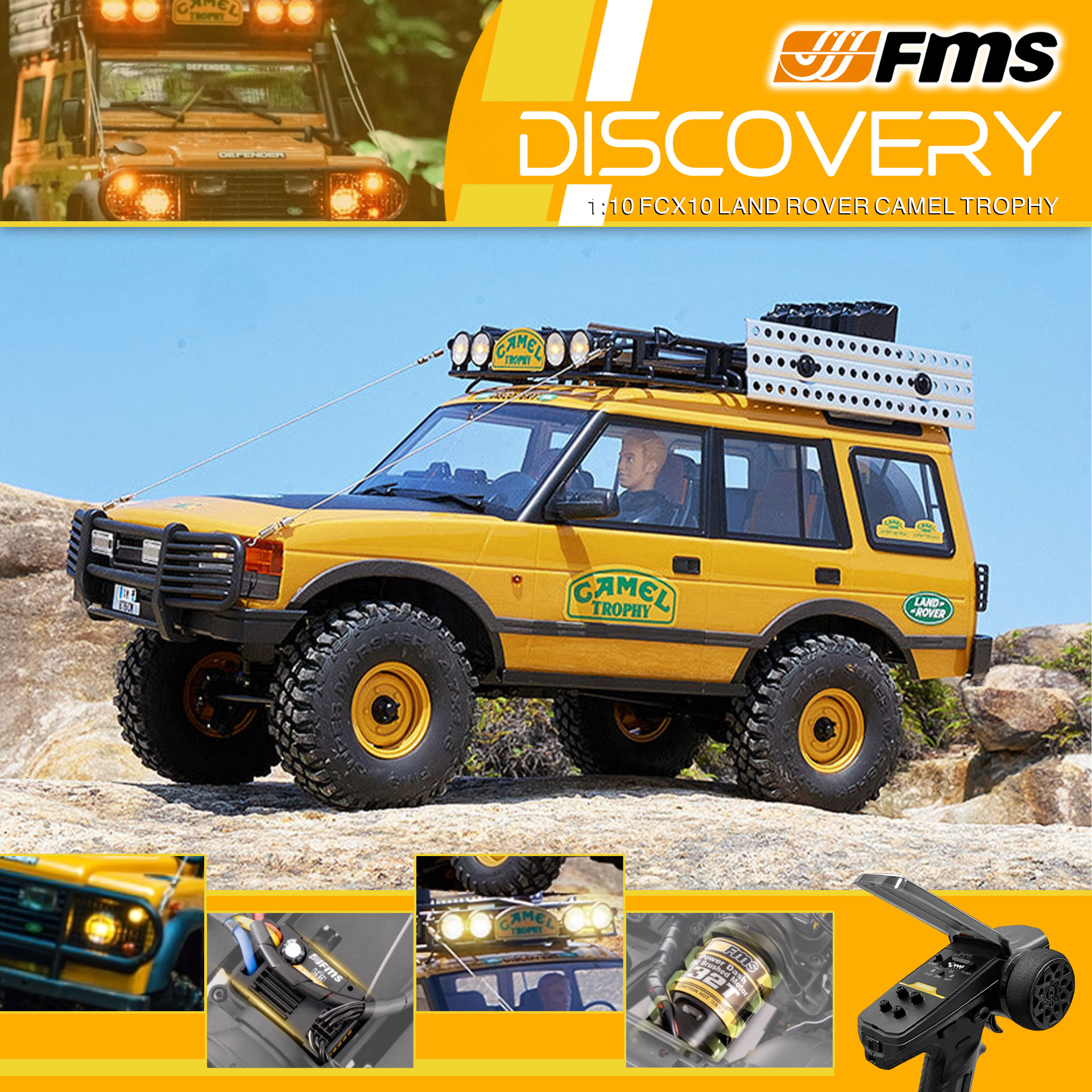 全新 FMS 1:10 Land Rover Camel Trophy Discovery 攀爬車 | FCX10 | Land Rover 授權 | 4輪驅動 | 550 32T 有刷電機 | 雙速變速機械波箱