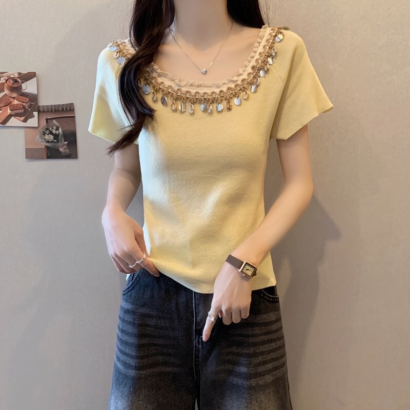 B98(976) 波西米亚风大U领亮片流苏领边针织黑黄上衣