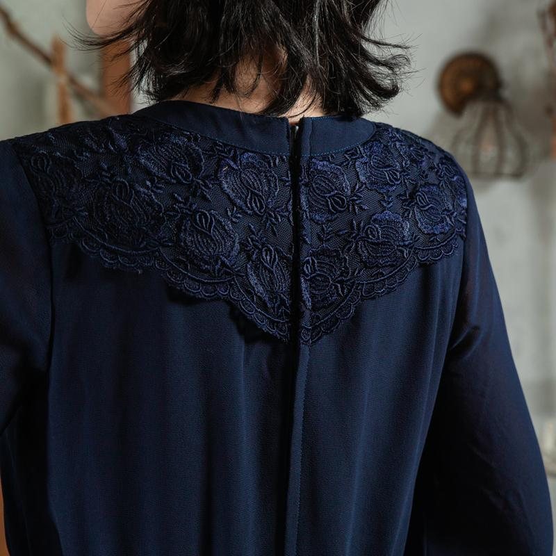 Vintage Japanese Elegant Midnight Blue Lace Embellished Accordion Pleat Day & Night Dress (MT1608-152)