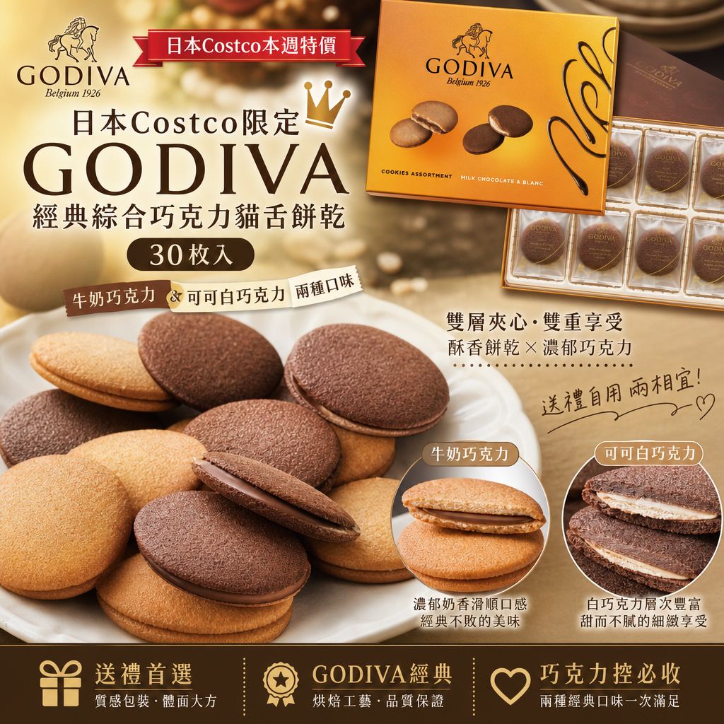 日本Costco 本週特價  日本Costco限定GODIVA經典綜合巧克力貓舌餅乾30枚入 