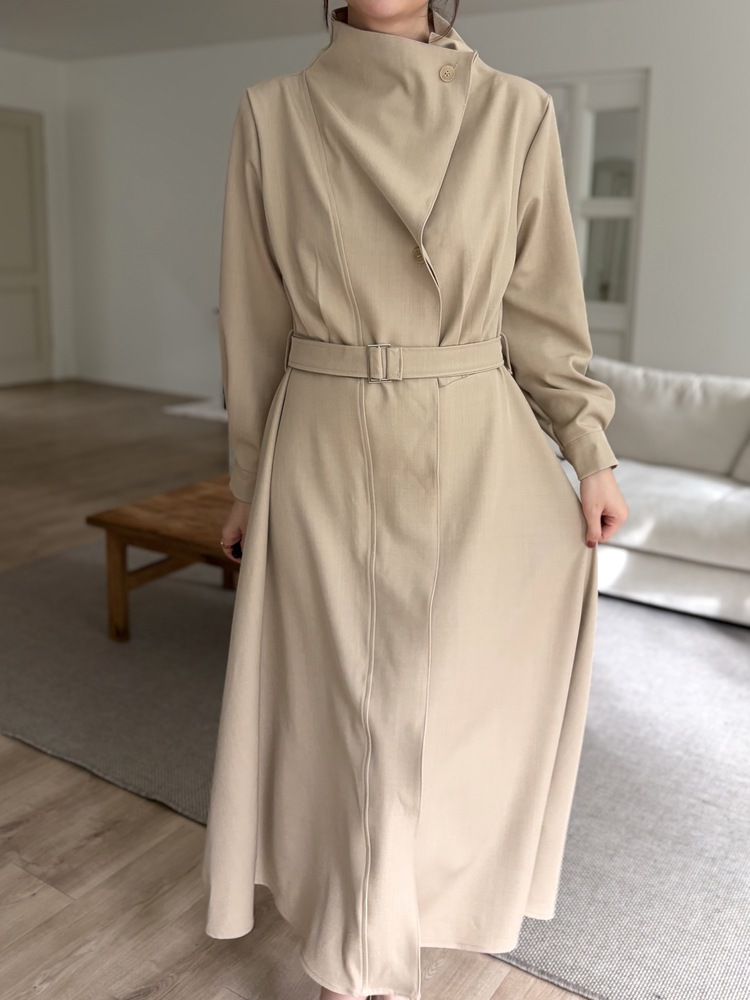 Classic Flared Trench Dress (Warm Beige)