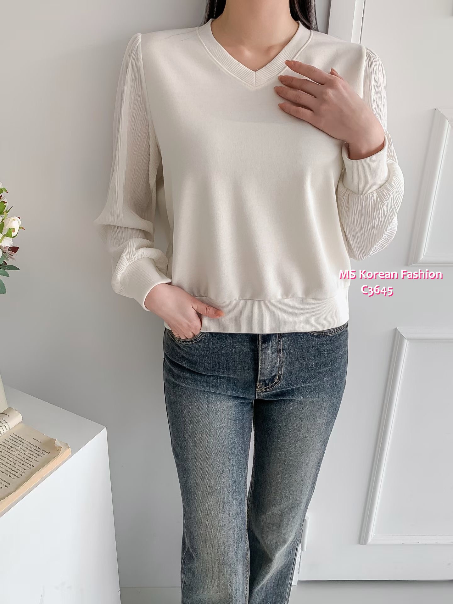 C3645 韓國🇰🇷V領直紋袖top