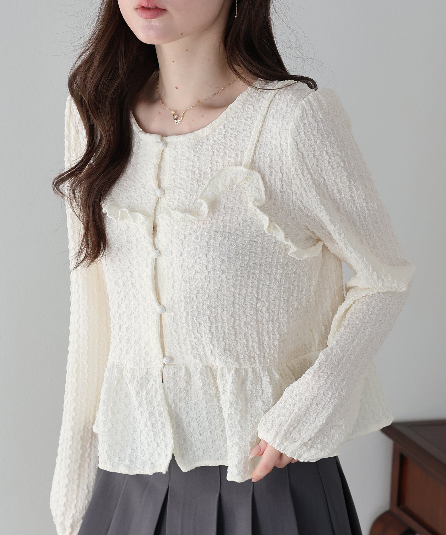 <JP> Pokopoko Textured Ruffles Top (假兩件) * 3色入 <預購>
