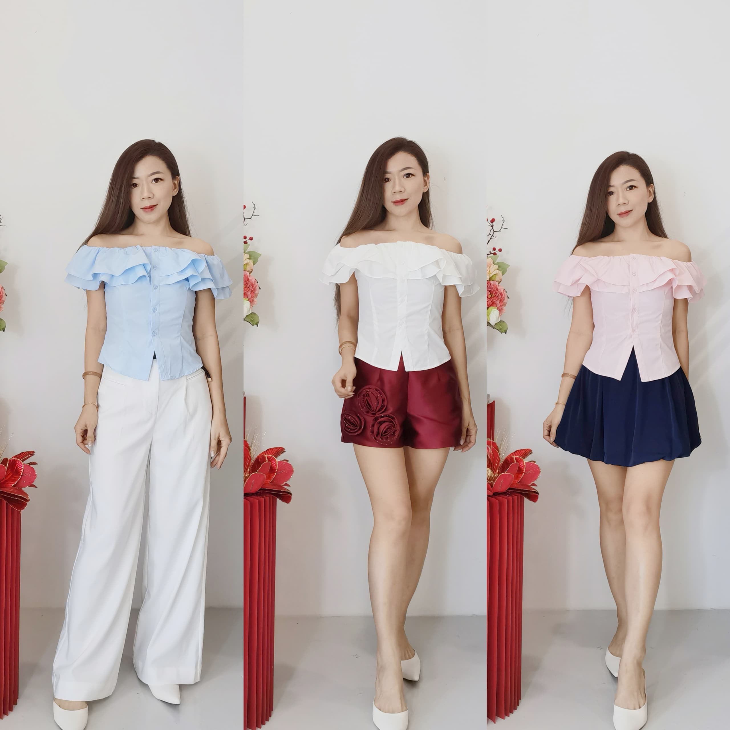 98568 DESIGN BLOUSE 法式双层荷叶一字领上衣