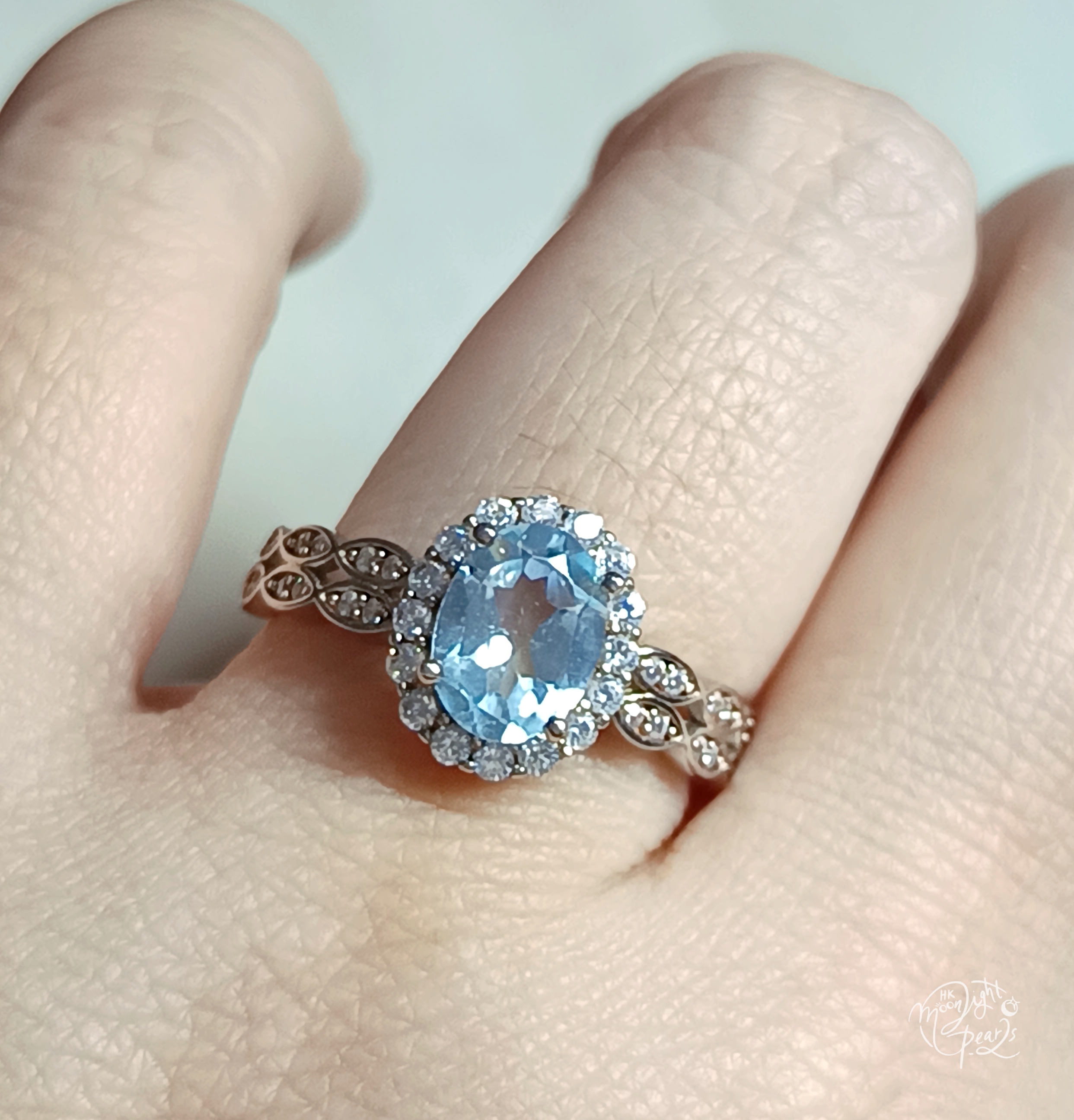 天然瑞士藍托帕石精工s925銀微鑲滿鑽鋯石小清新開口戒指