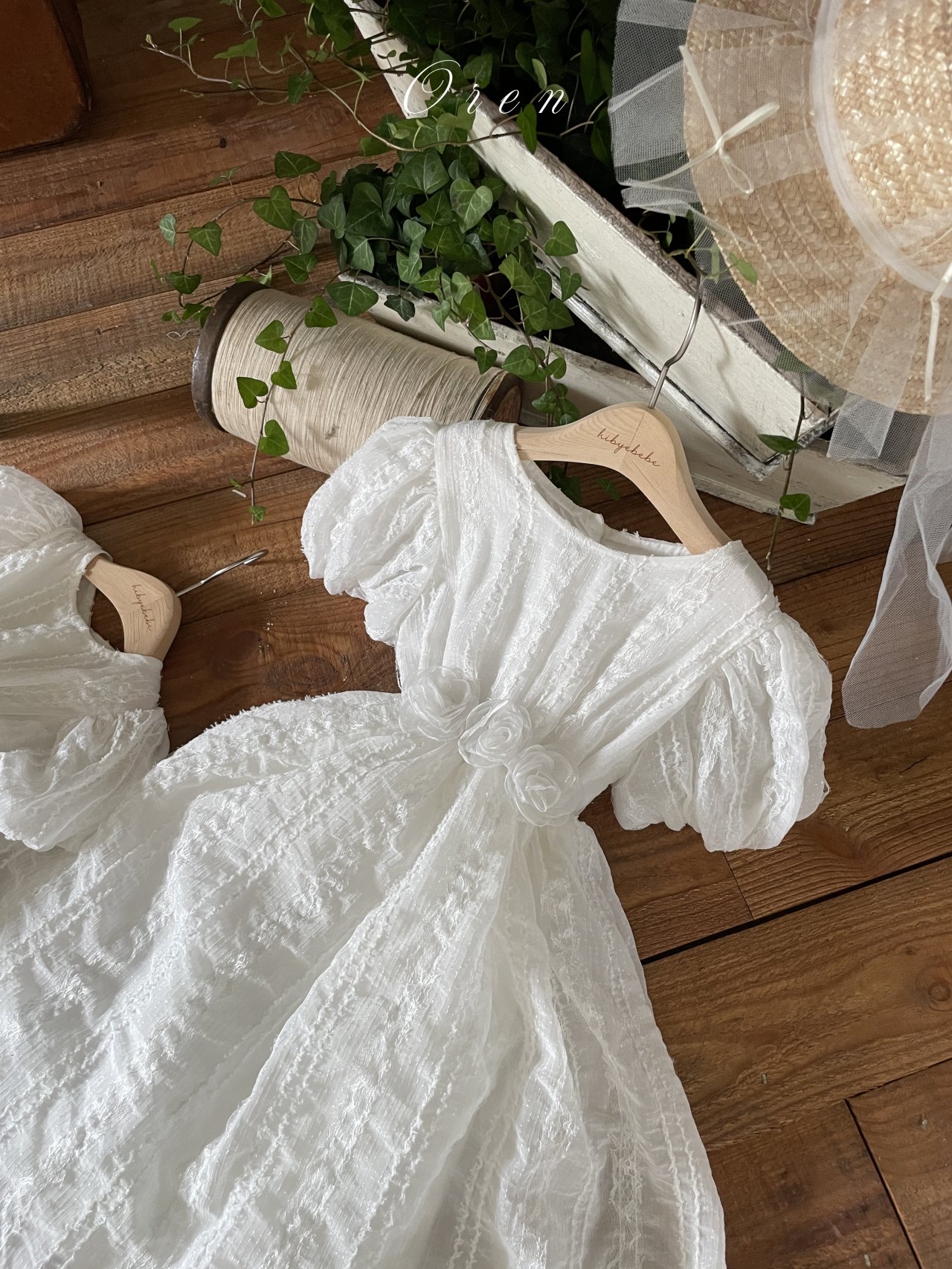 ☀️預訂 韓國直送☀️🇰🇷Oren Edel Pure蕾絲紋理花卉腰帶泡泡袖包屁裙/連身裙