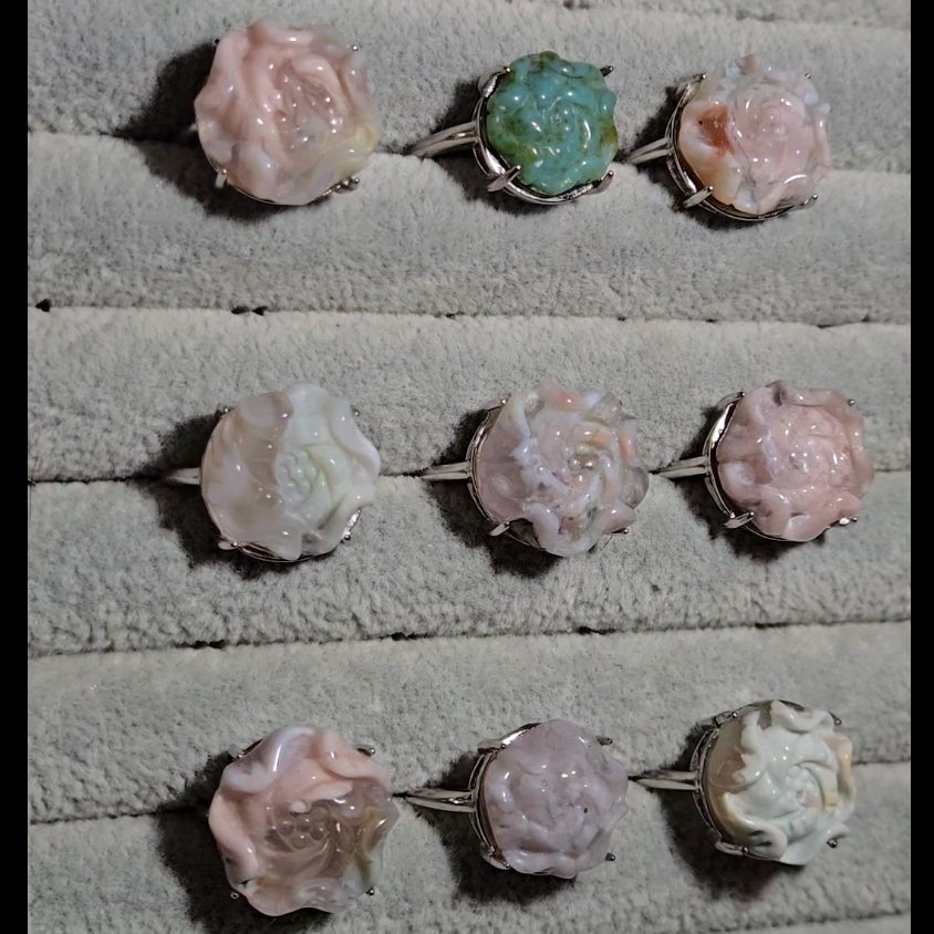 Flower agate flower rings in adjustable sterling silver - JW12