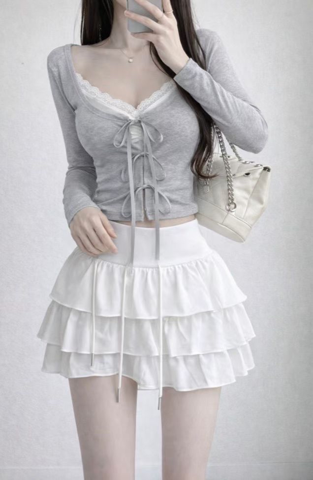 韓國少女感雙綁帶lacy邊邊薄top