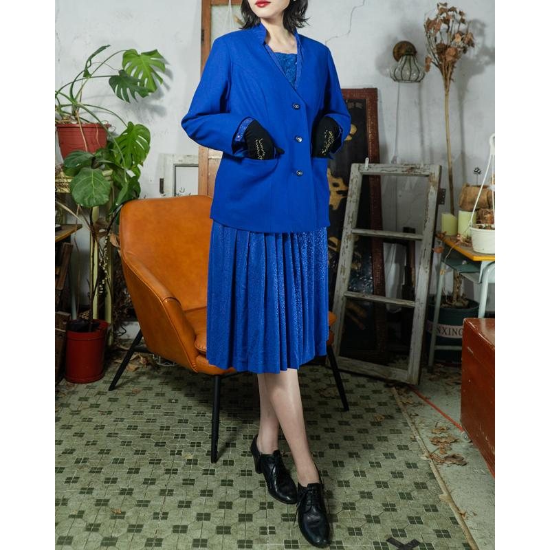 Vintage Japanese Blazer Royal Blue V-Neck Stand Collar Blazer(MT1609-7)