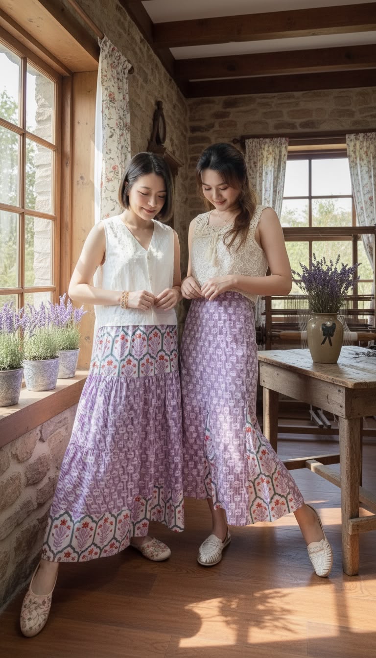 SSD001 Purple Block Print Patch Work Skirt 37"