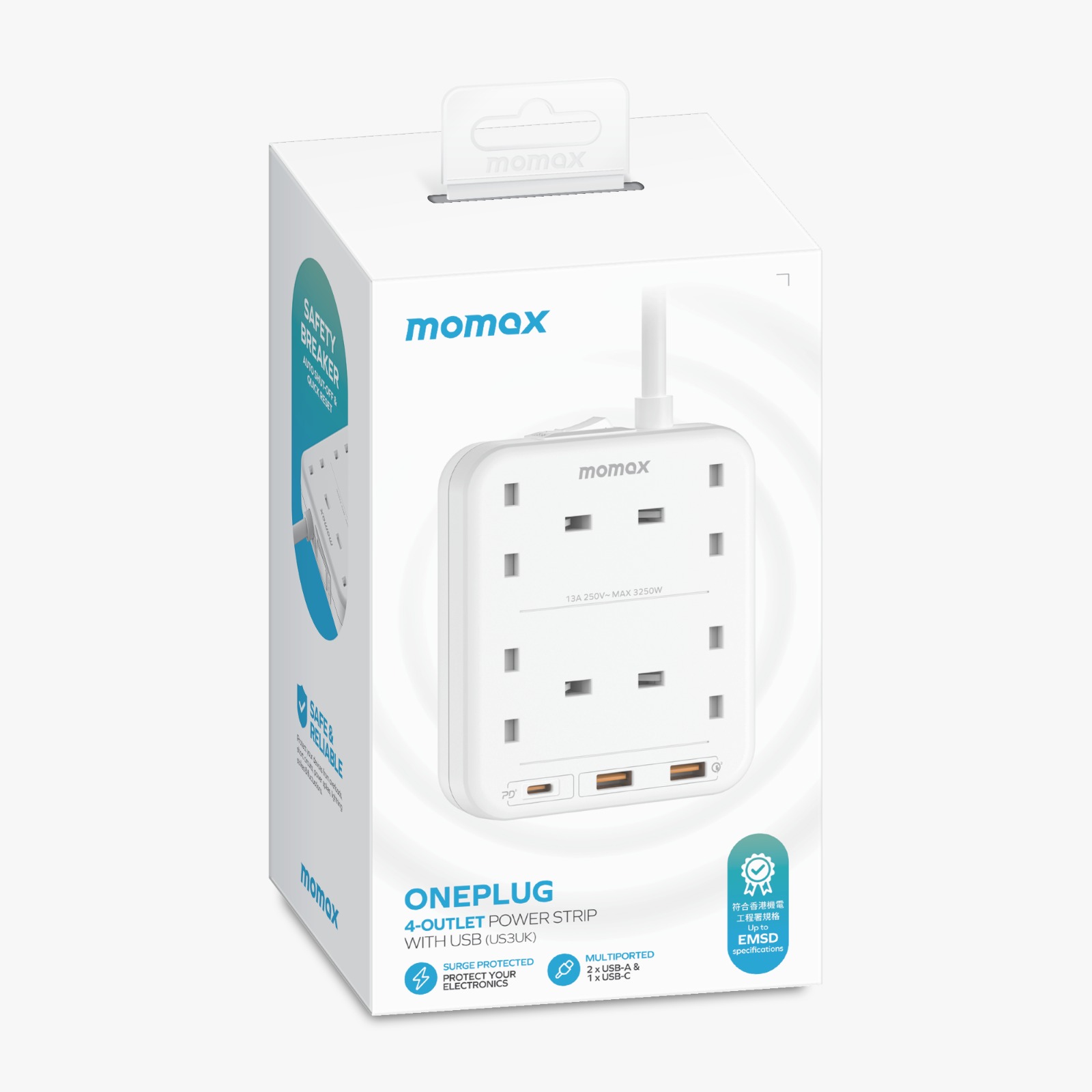 Momax ONEPLUG 四位插座電源延長線(20W 1 USB-C+2 USB)