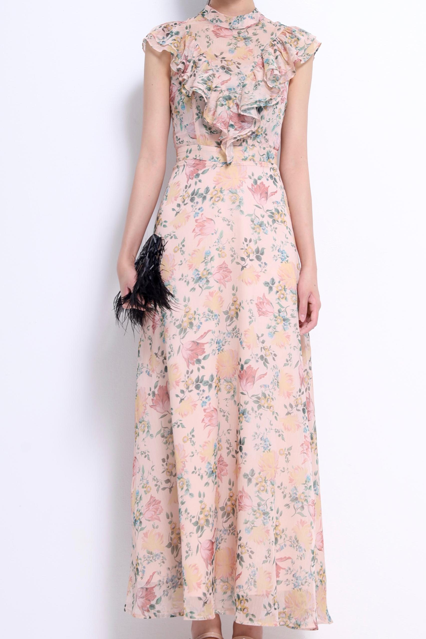 CD2148 RUFFLE STAND COLLAR MAXI DRESS