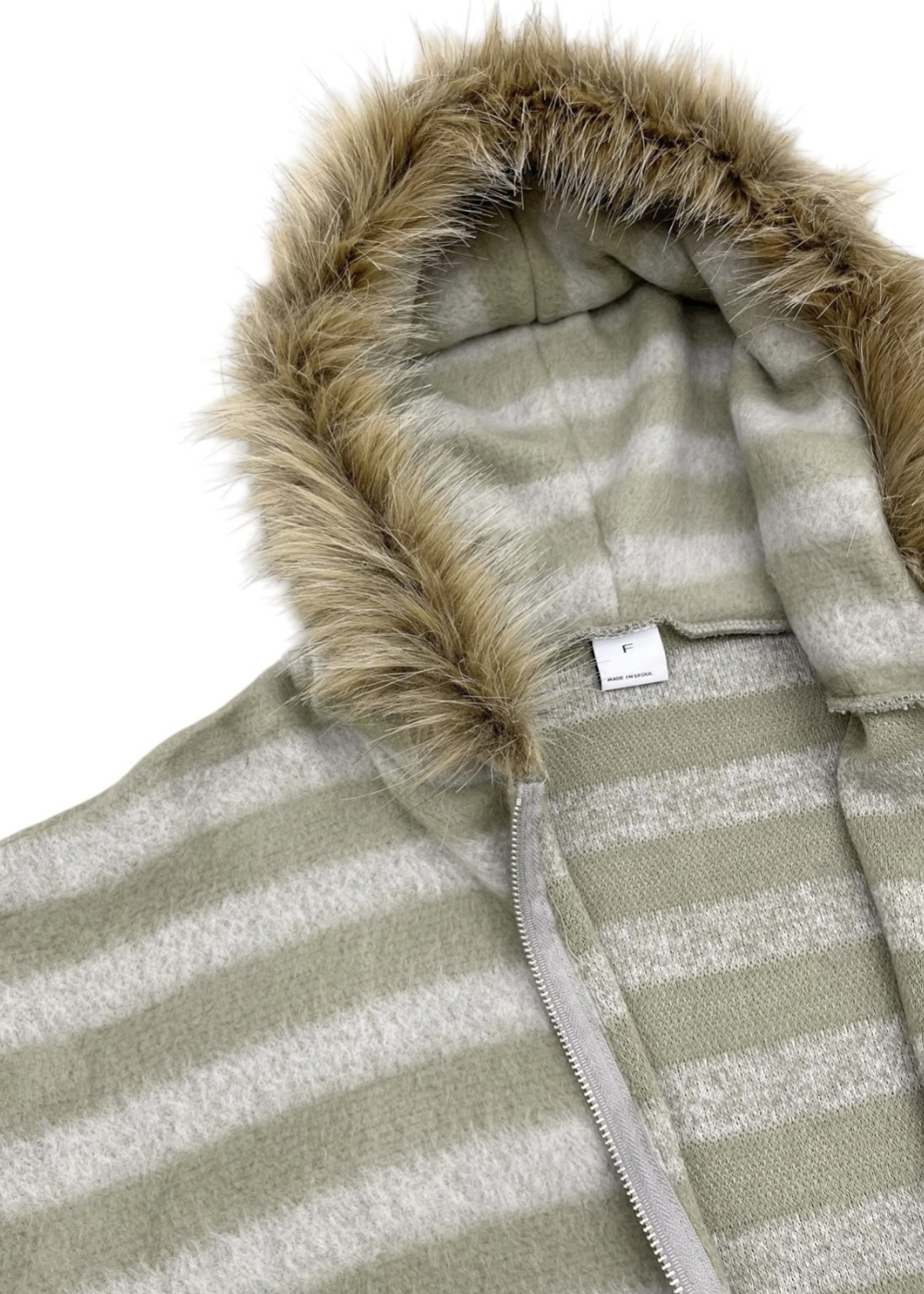 Striped Faux Fur Zip Hoodie(Unisex)
