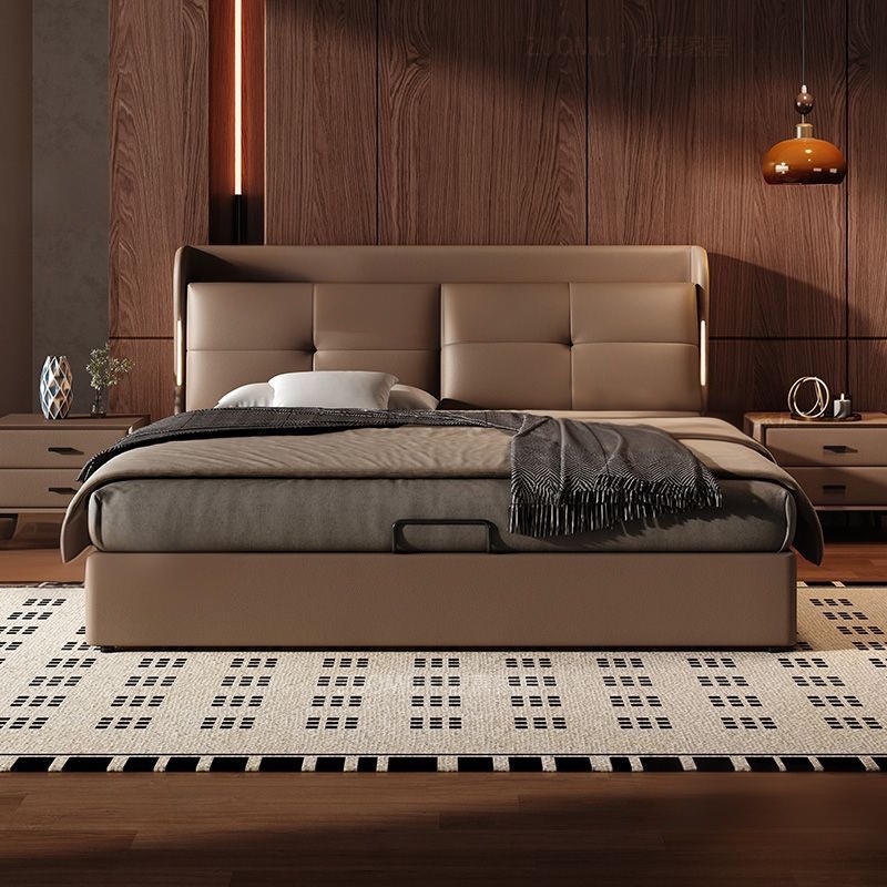 多功能可調校真皮油壓床 現代簡約大氣主人房高端儲物抽屜床 bed