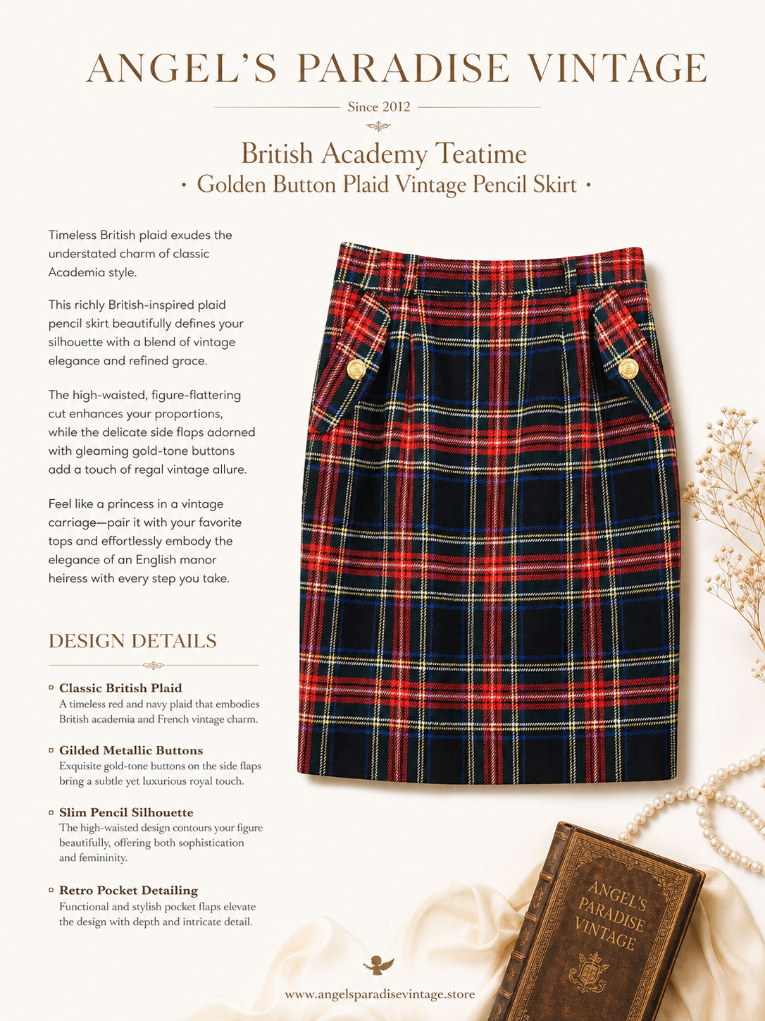 英倫學院的午茶約會 ∙ 金扣格紋復古鉛筆裙 British Academy Teatime ∙ Golden Button Plaid Vintage Pencil Skirt