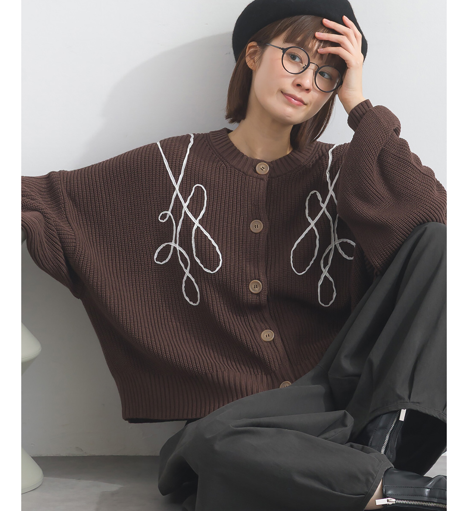 LP - 絲帶織紋開襟毛衣 (咖啡色)