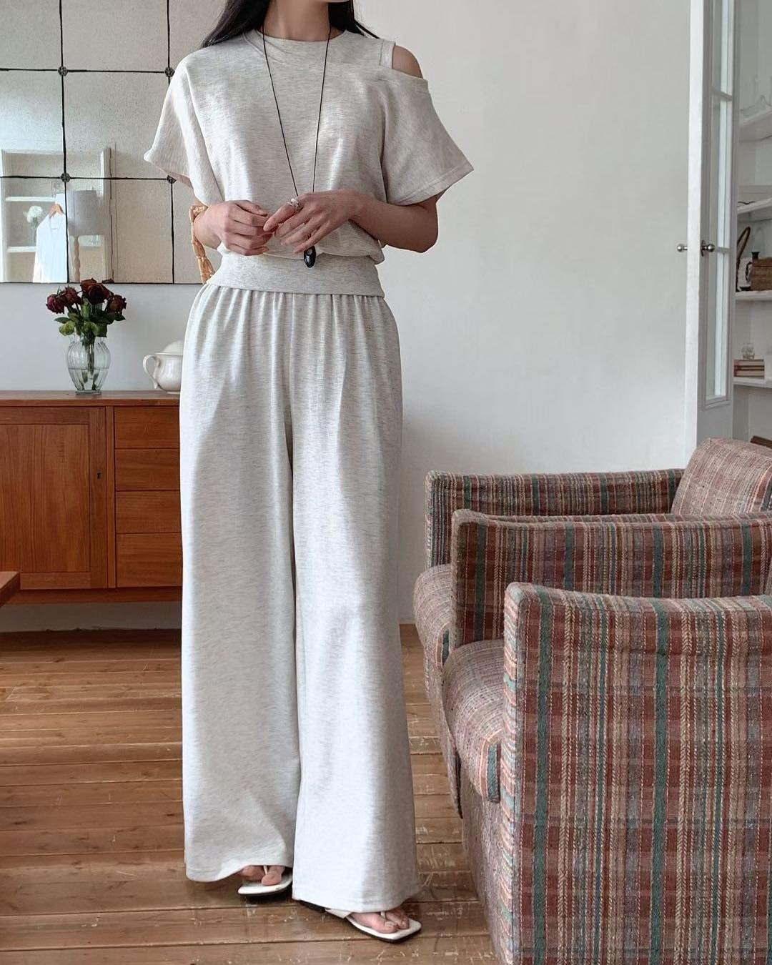 不對稱露肩長褲 Set