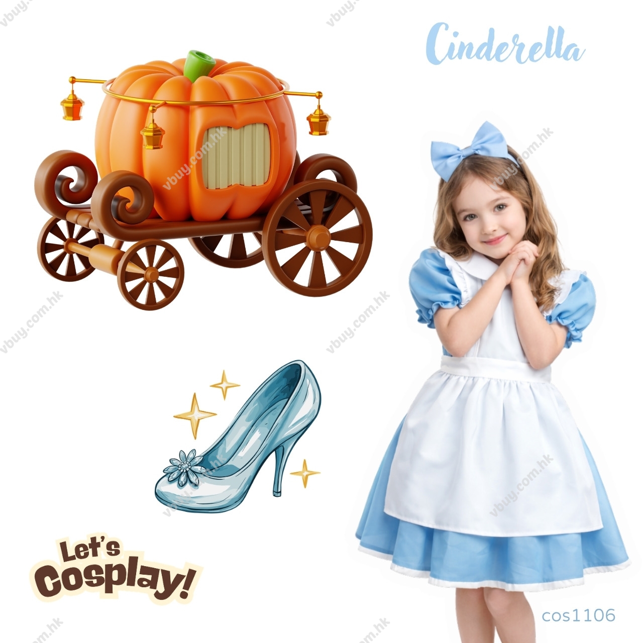 Lets Cosplay 兒童灰姑娘服裝 Cinderella Cosplay Costume 愛麗絲公主童話角色扮演服裝 World Book Day表演服（cos1106）