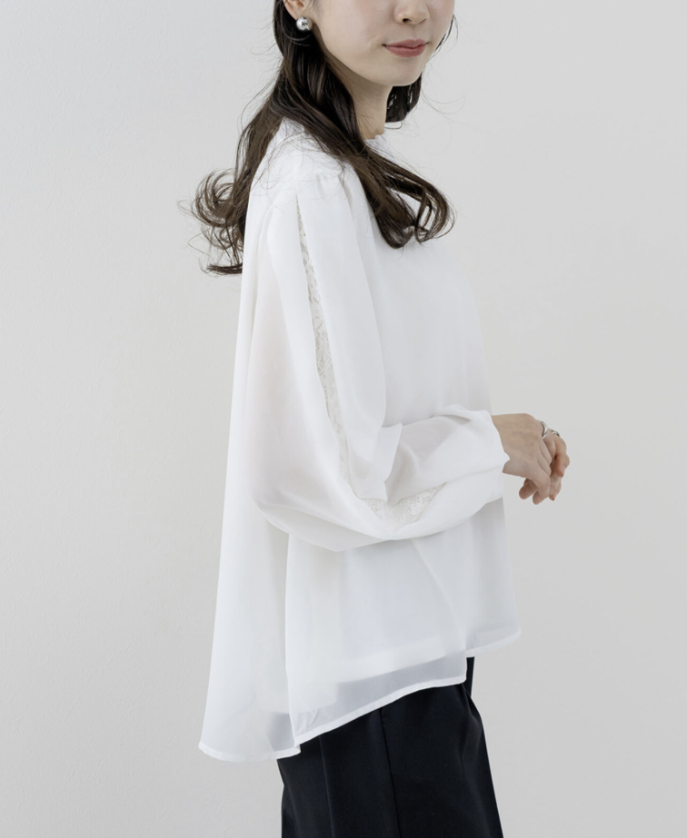 袖花紋蕾絲開衩襯衫 - 2026 流行穿搭  蕾絲襯衫 春夏時尚穿搭 柔軟舒適 成人休閒 日常穿搭 易於配搭 日本直送   #JP-I-260013