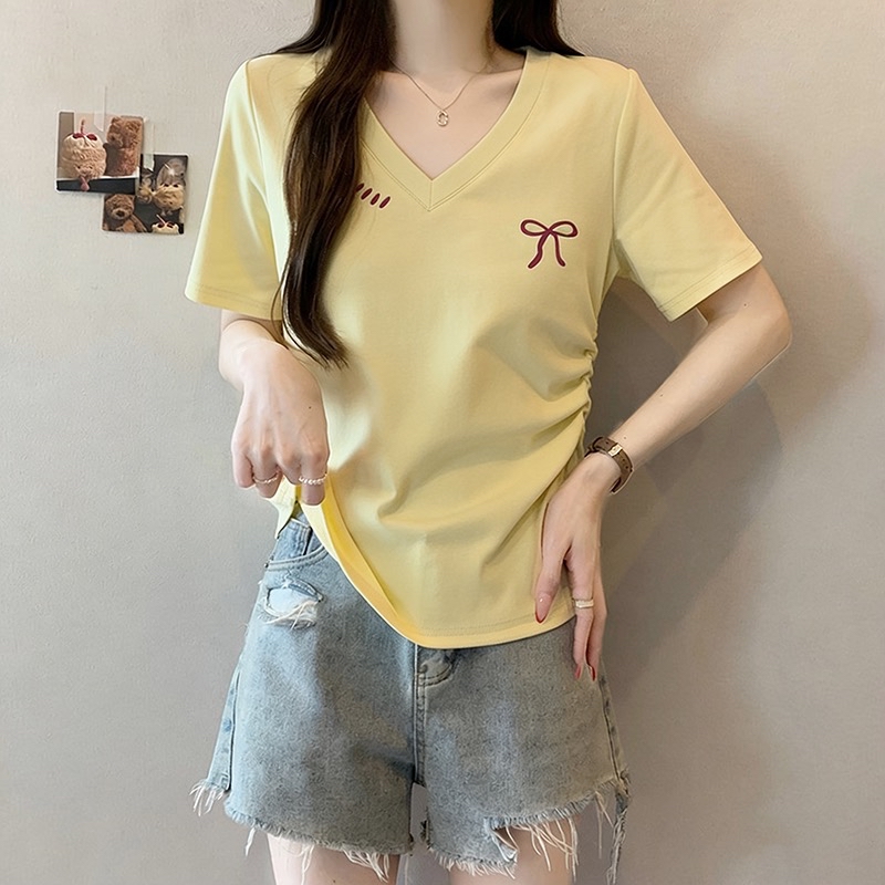 B176(36910) 韩版时尚V领蝴蝶结印花排点领边褶皱腰4色上衣