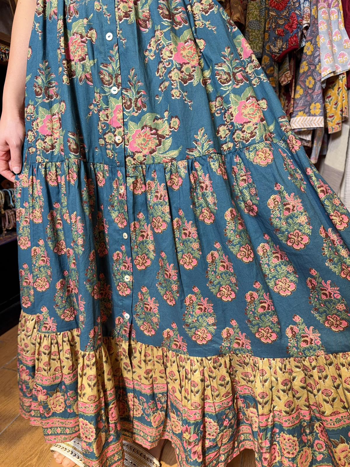 #1528 Blue Golden Floral Milktea Edge Sleeveless OP