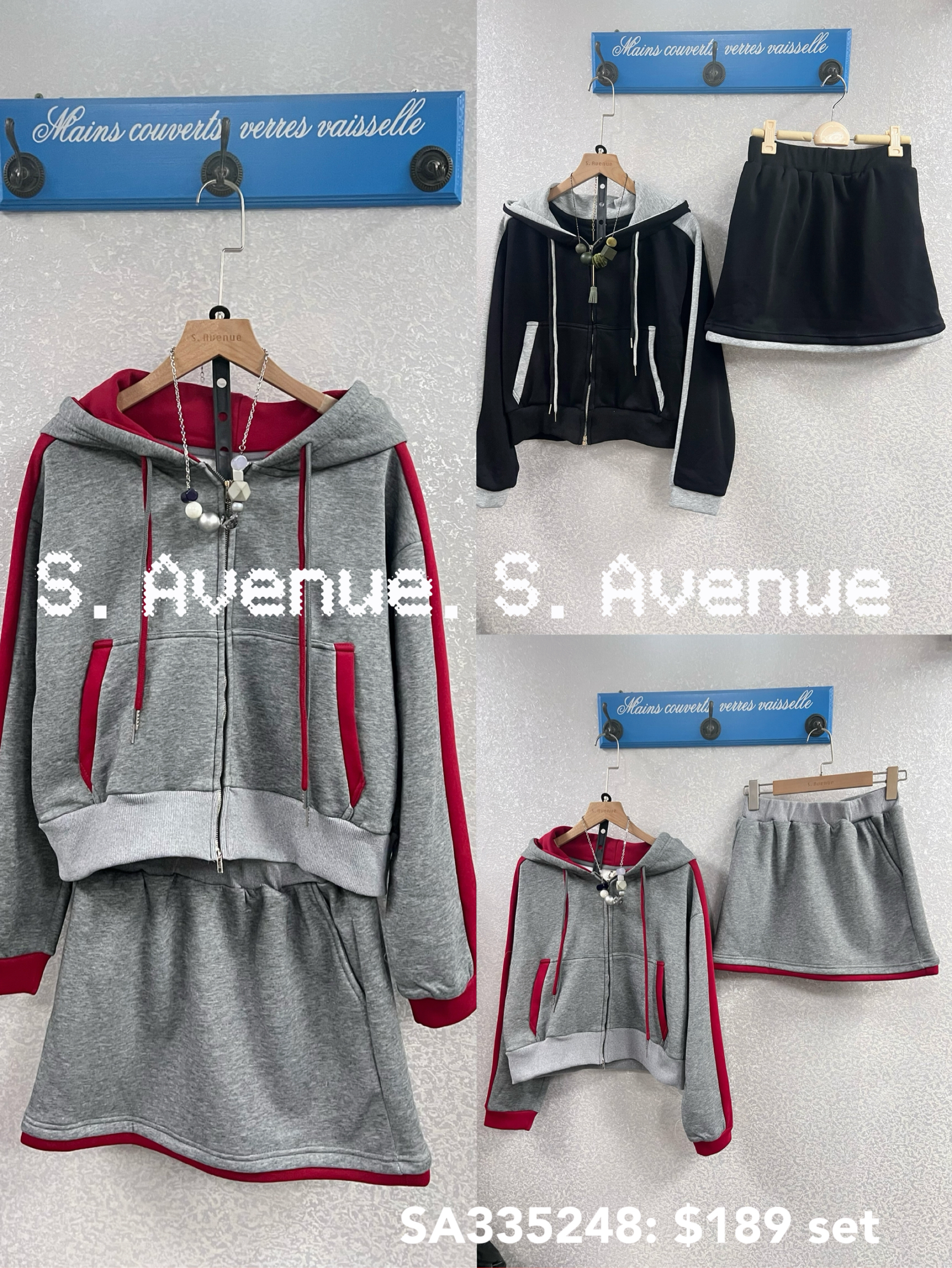 SA335248: 長袖有帽拉錬薄絲絨里外套配半截裙