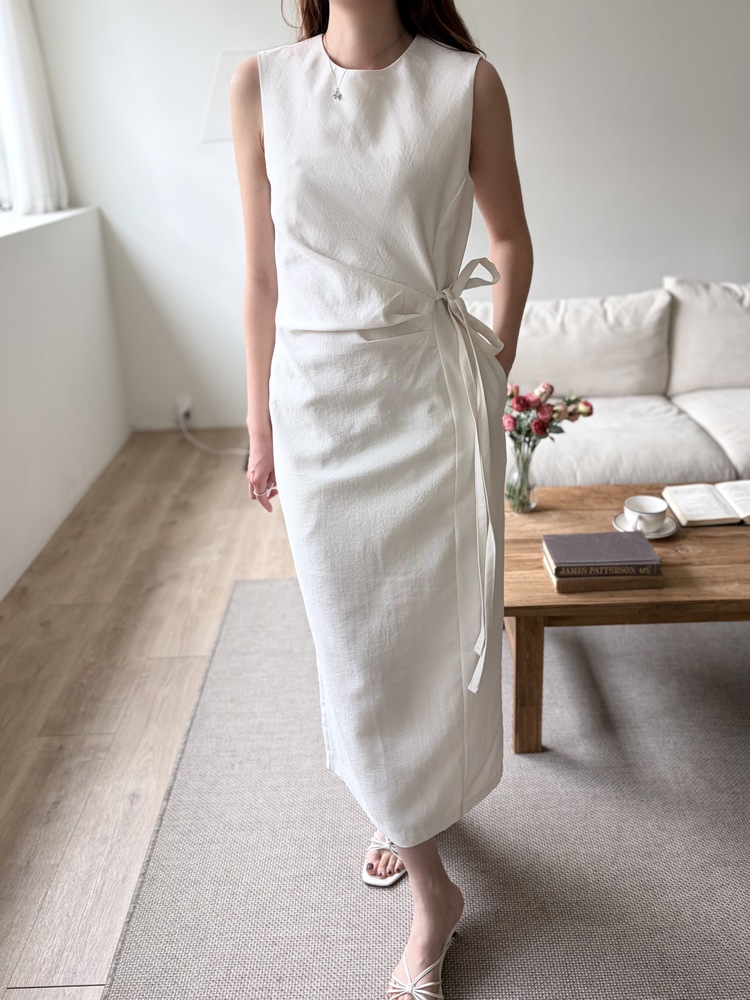 Gathered Waist Tie Dress (Ivory)