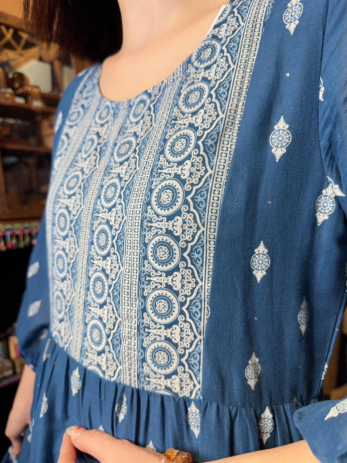 Navy Blue with White Mandala X Lace Print Short OP 38" #1356